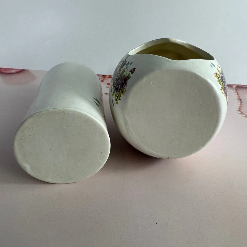 Vintage Birdhouse Pansy Ceramic Soap Dispenser and Heart Wax Warmer Set White
